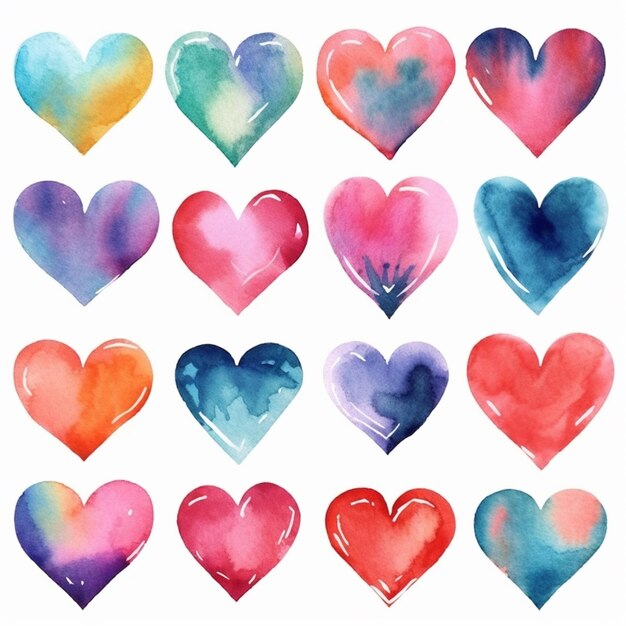 a close up of a bunch of watercolor hearts on a white background generative ai