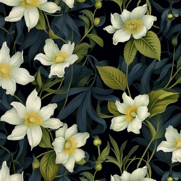 a close up of a bunch of white flowers on a black background generative ai