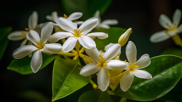 A close up of a bunch of white flowers with yellow centers