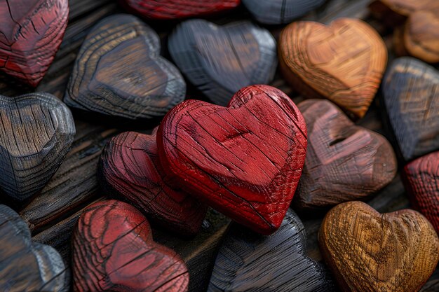 A close up of a bunch of wooden hearts