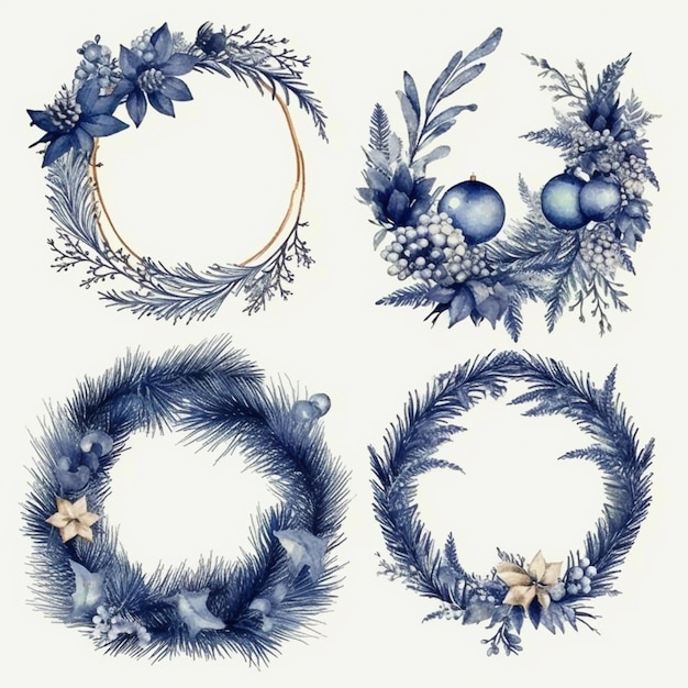 Photo a close up of a bunch of wreaths with ornaments on them generative ai