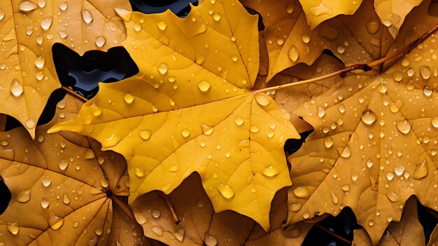 A close up of a bunch of yellow leaves with water droplets generative ai