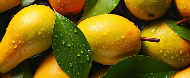 A close up of a bunch of yellow pears with water droplets generative ai