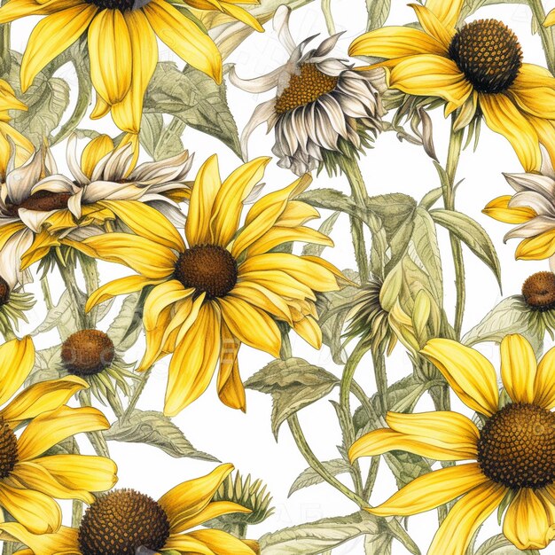 A close up of a bunch of yellow sunflowers on a white background generative ai