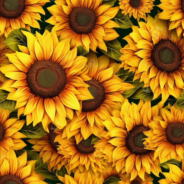 A close up of a bunch of yellow sunflowers with green leaves generative ai