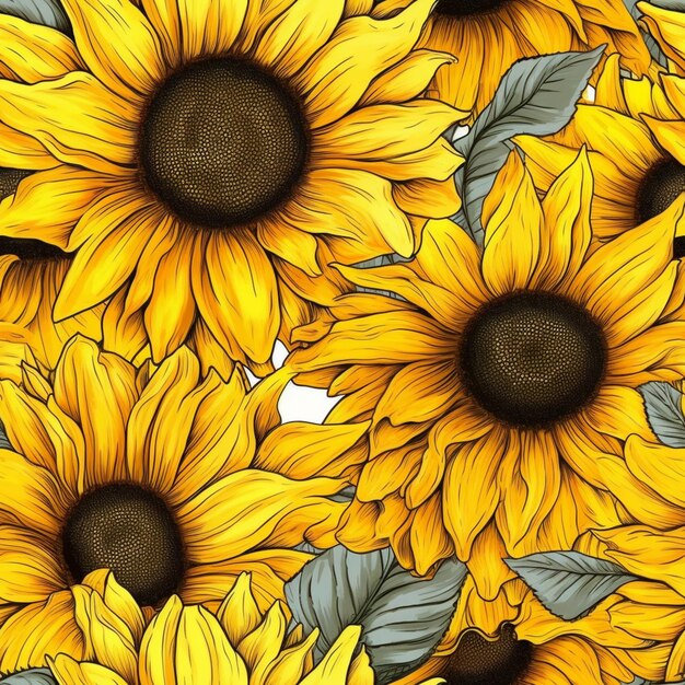 A close up of a bunch of yellow sunflowers with leaves generative ai