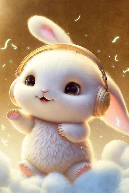 Close up of a bunny with headphones on generative ai