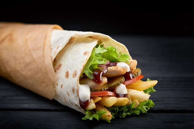 Photo close-up of burger against black background