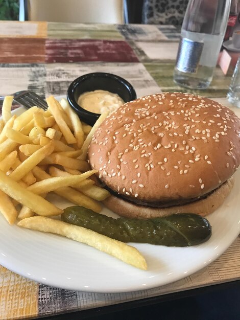 Close-up of burger and fries