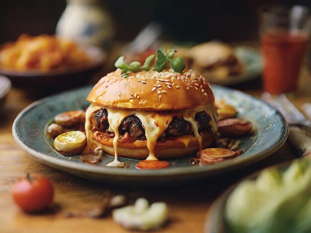 Close-up burger met kip nuggets op bord voedsel foto