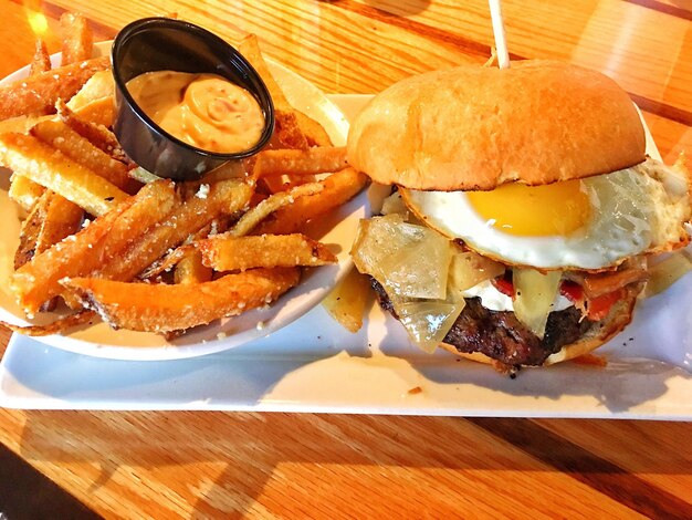 Close-up of burger in plate on table