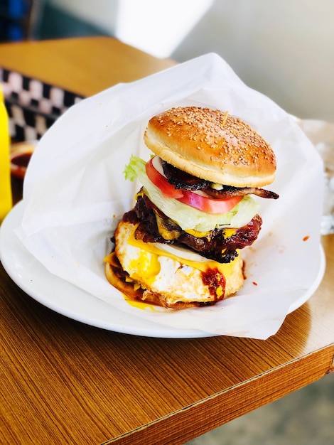 close-up of burger served on table