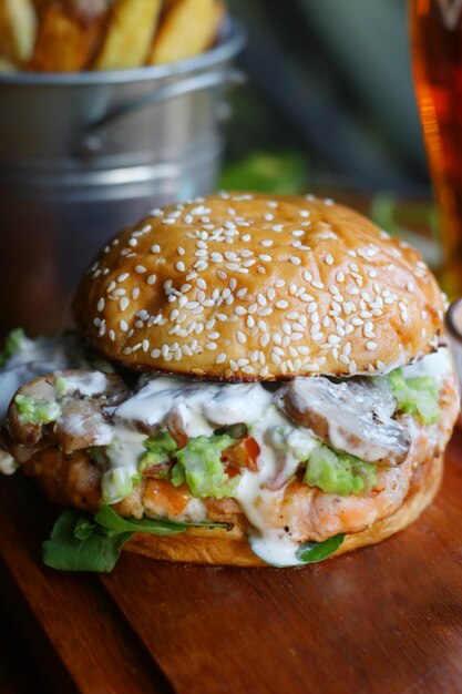 Close-up of burger on table