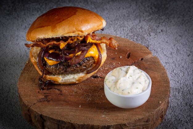 Close up on burger with cheddar cheese and garlic sauce