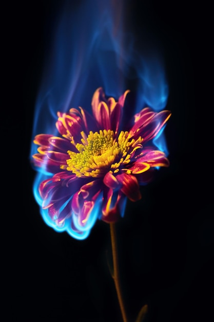 Close-up of burning chrysanthemum flower on black background