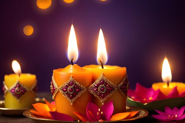 Close up of burning diwali diya lamps on colorful rangoli indian festival hindu traditional