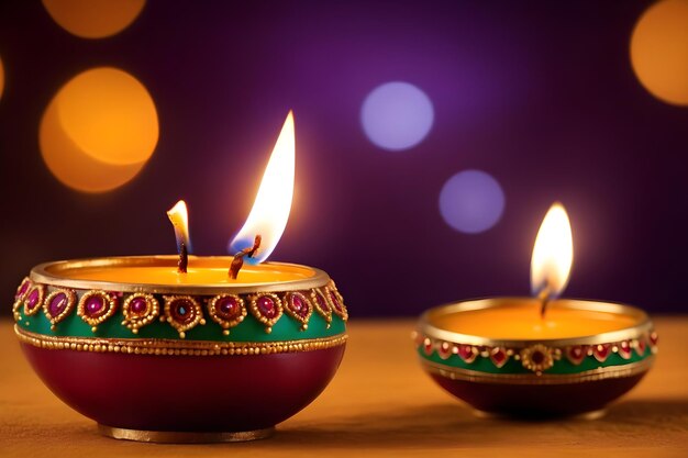 Close up of burning diwali diya lamps on colorful rangoli indian festival hindu traditional