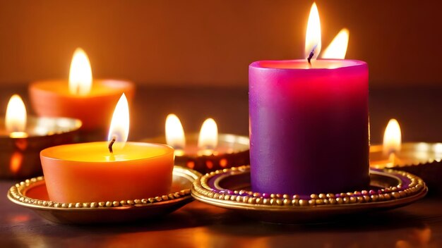 Close up of burning diwali diya lamps on colorful rangoli indian festival hindu traditional