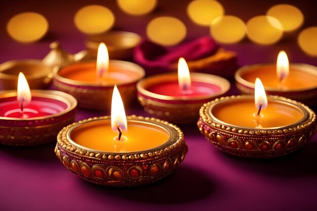 Close up of burning diwali diya lamps on colorful rangoli indian festival hindu traditional