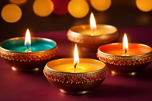 Close up of burning diwali diya lamps on colorful rangoli indian festival hindu traditional