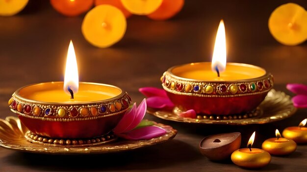 Close up of burning diwali diya lamps on colorful rangoli indian festival hindu traditional