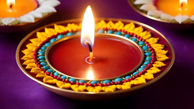 Close up of burning diwali diya lamps on colorful rangoli indian festival hindu traditional