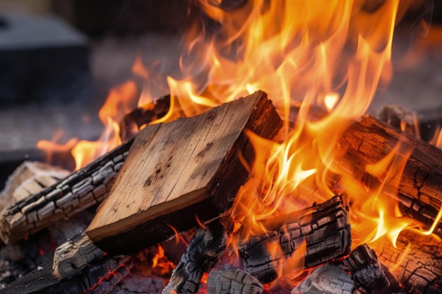 Close up of burning wood log with hot embers on grill creating a textured fire bonfire