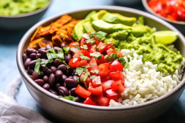 Close up on a burrito bowl with guacamole beans and rice