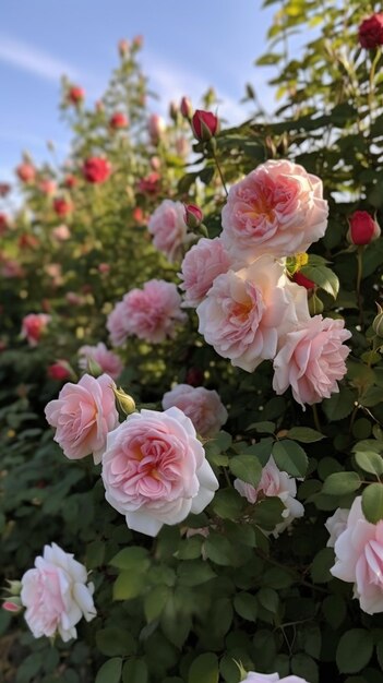 A close up of a bush with pink roses