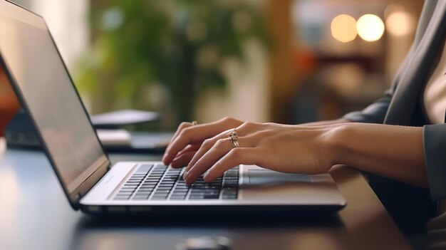 Close up of business hands typing on laptop computer at office