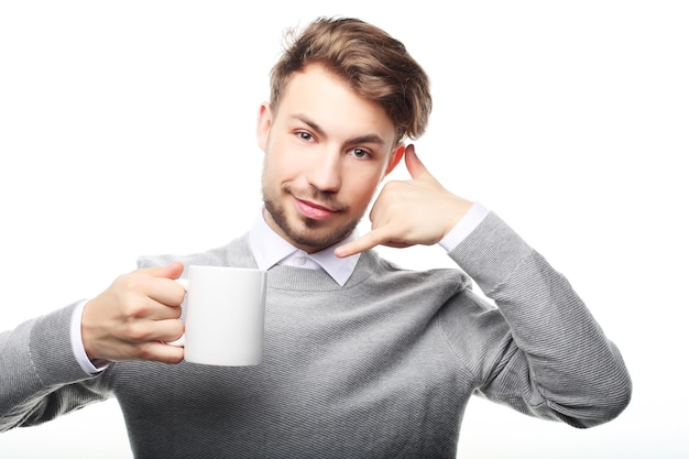 Close up business man with coffee cup