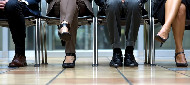 Close up of business peoples legs waiting for a job interview hiring and recruitment concept