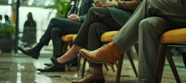 Close up of business peoples legs waiting for a job interview hiring and recruitment concept