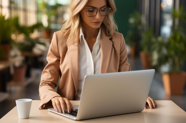 ビジネス女性の手がラップトップコンピュータでタイプし,生成AIを検索しています.