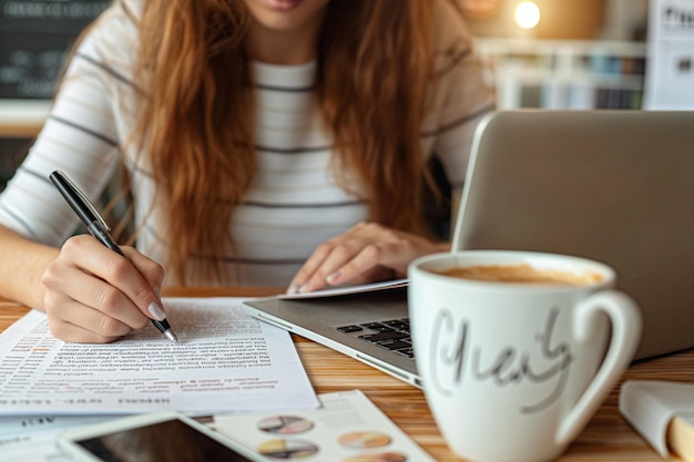 Photo close up of business woman working on laptop computer