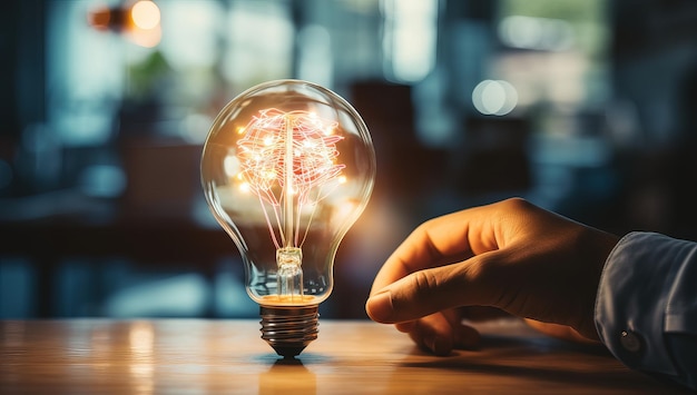 Close up of businessman hand holding light bulb on wooden table in office