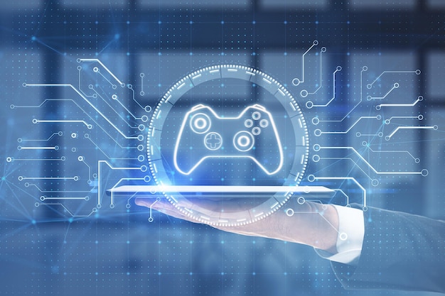 Close up of businessman hand holding smartphone creative joystick or gamepad hologram on blurry office interior background Esport gaming and fun concept Double exposure