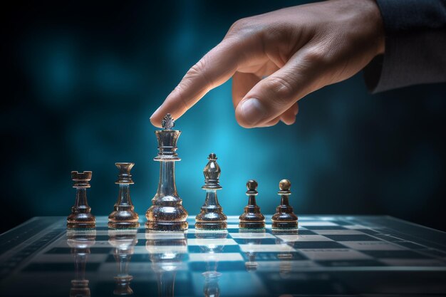 Close up of businessman hand moving chess figure on chessboard Ai Generated