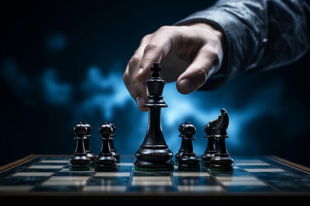 Close up of businessman hand moving chess figure on chessboard Ai Generated