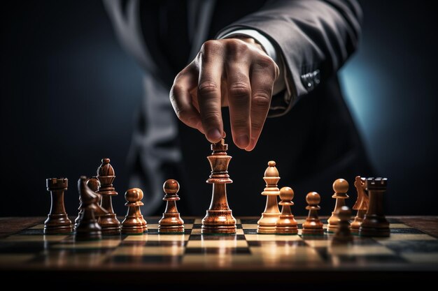 Close up of businessman hand moving chess figure on chessboard Ai Generated