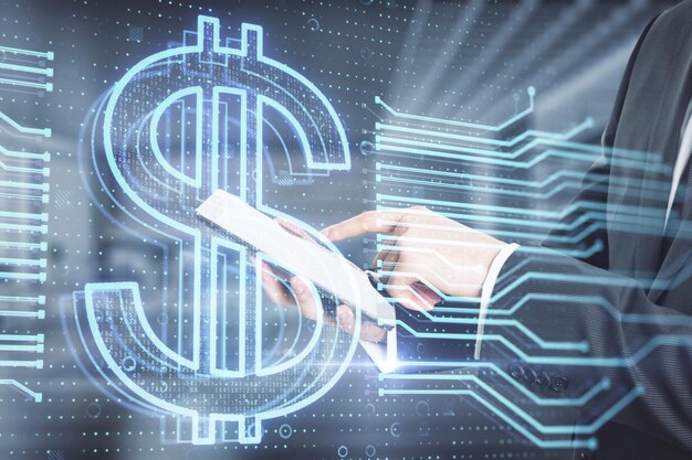 Photo close up of businessman hand pointing at cellphone with glowing dollar hologram on blurry office interior background money banking app and finance concept double exposure