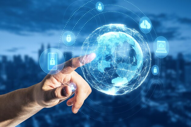 Close up of businessman hand pointing at glowing polygonal globe on blurry city background ai technology and futuristic network concept double exposure