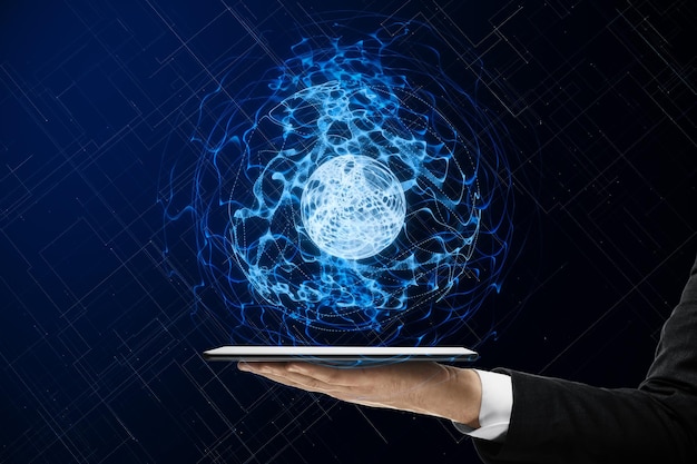 Close up of businessman hands holding cellphone glowing blue linear sphere on blurry background Geometric cyberspace network and future concept