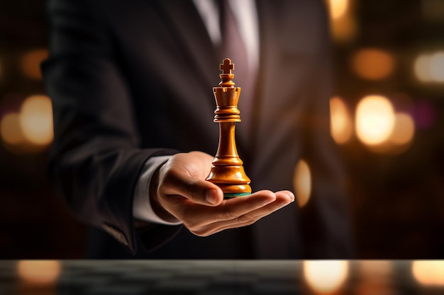 close up businessman holding a chess king bokeh style background