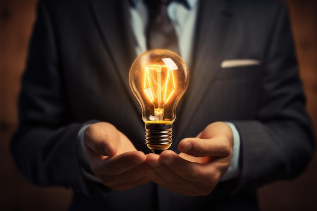 close up to a Businessman holding glowing light Businessman on blurred background using a glowing light bulb with his hand Ai generated