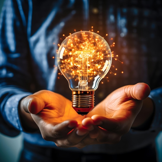 Photo close up of businessman holding in hands glowing light bulb idea concept