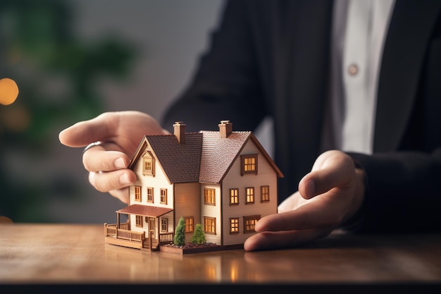 close up businessman holding a house model bokeh style background