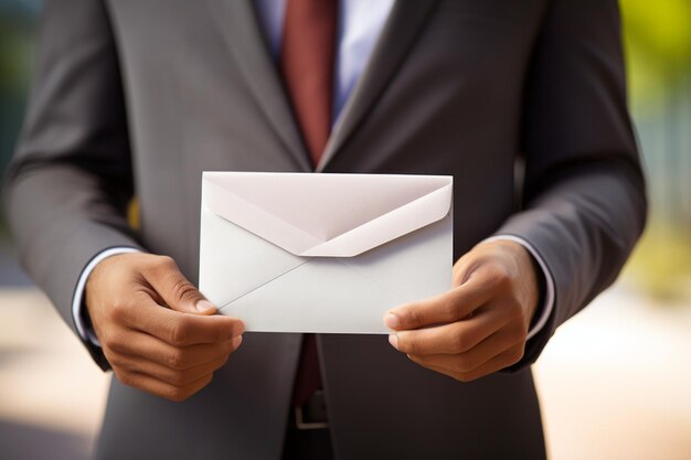 Photo close up businessman holding a letter bokeh style background