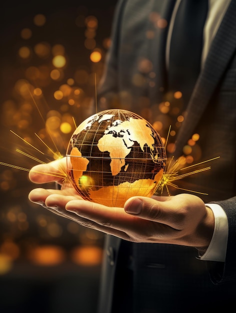 Close up of businessman holding in palms glowing earth globe Global business concept