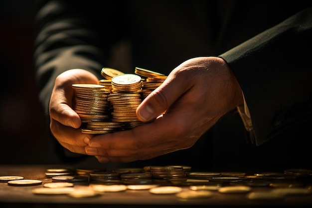 close up businessman holding a pile of coins bokeh style background